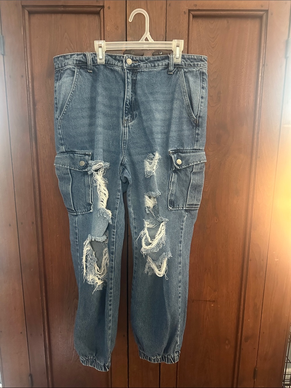 Fashion Nova Distressed Blue Cargo Jogger Jeans
